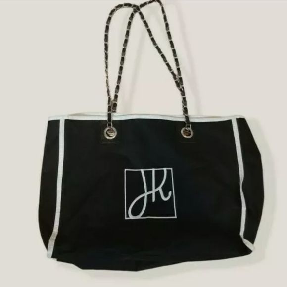 Joseph Ribkoff Canvas Chain Strap Tote Bag Carry All Purse Embroidered Black - Picture 2 of 2